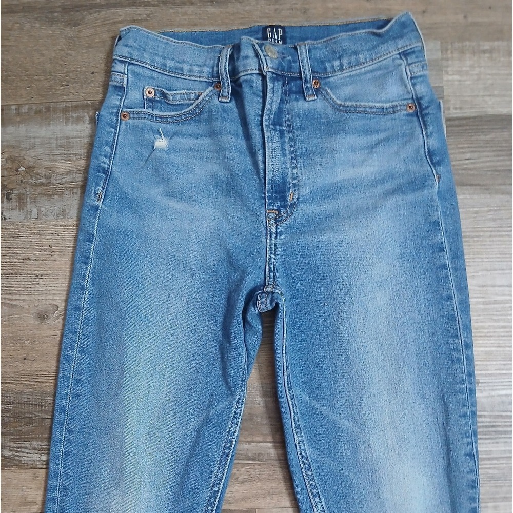 Gap Cigarette Jeans Womens 0/25 Tall Blue High Rise Raw Hem Distressed Slim Leg - Picture 3 of 7